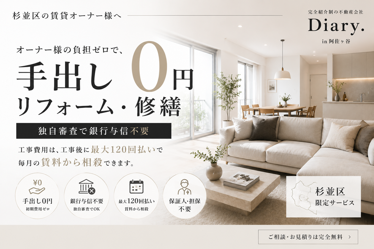 杉並区の賃貸オーナー様へ｜オーナー様の負担ゼロで、手出し0円リフォーム・修繕。独自審査で銀行与信不要、工事後に最大120回払いで毎月の賃料から相殺。杉並区限定サービス｜Diary. in 阿佐ヶ谷